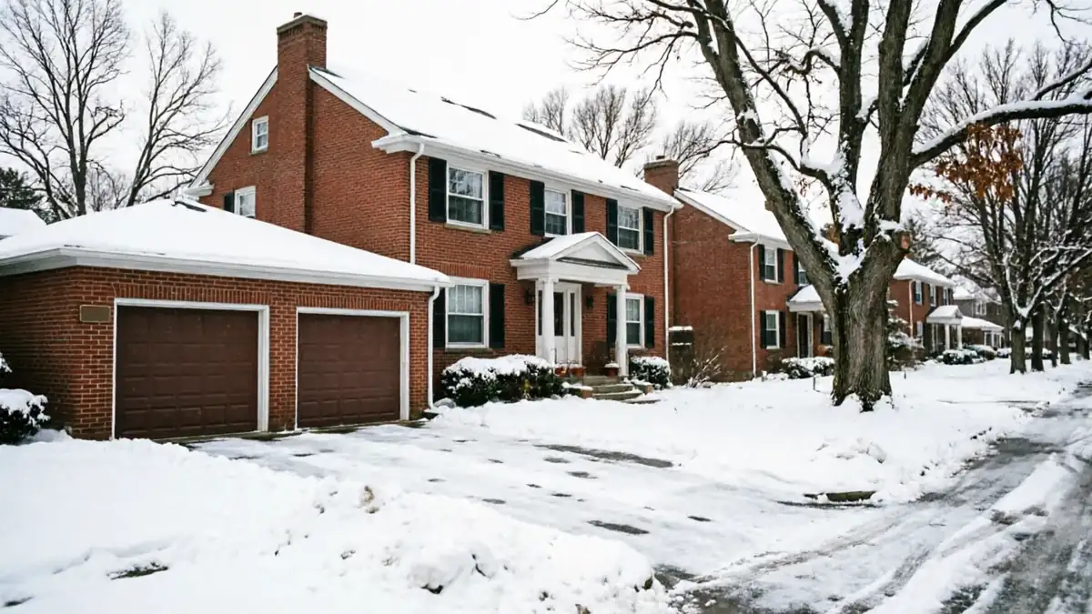 The house has two brown garage doors and a snow-covered driveway.