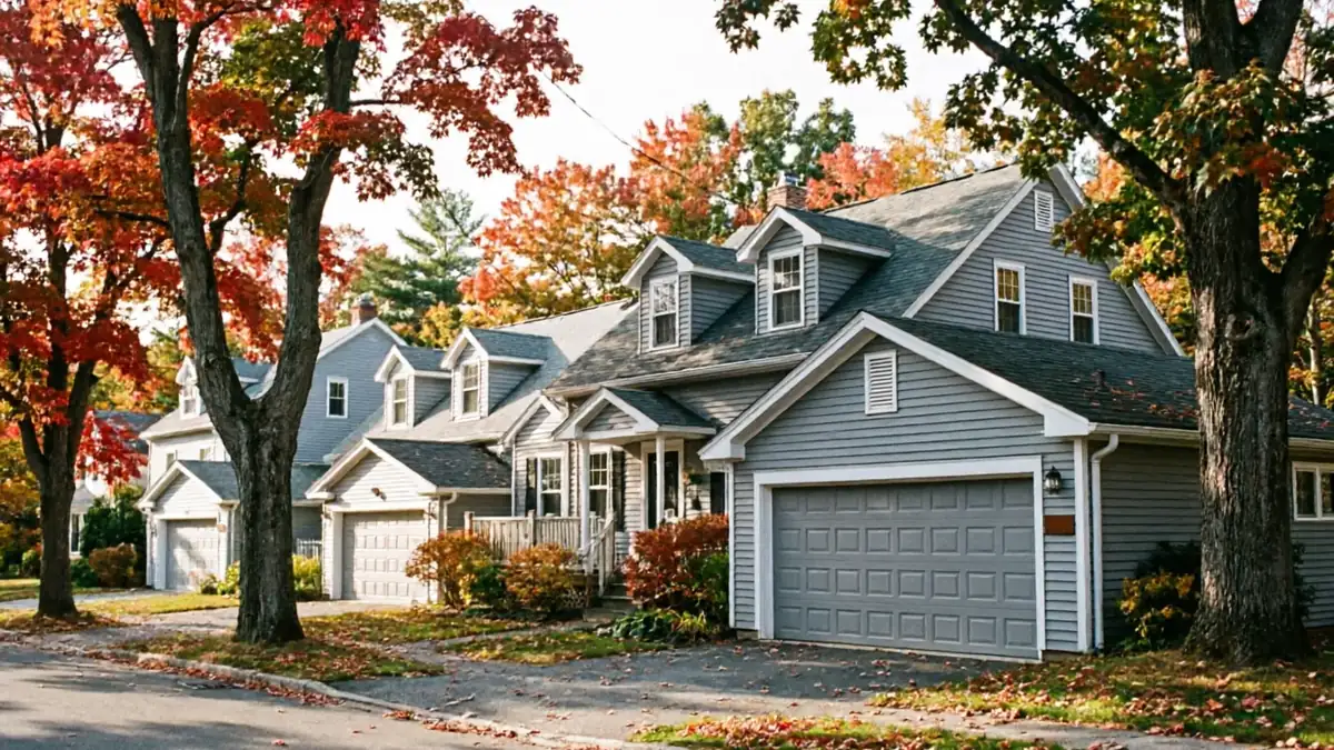 A row of gray houses with gray garage doors and colorful autumn trees.