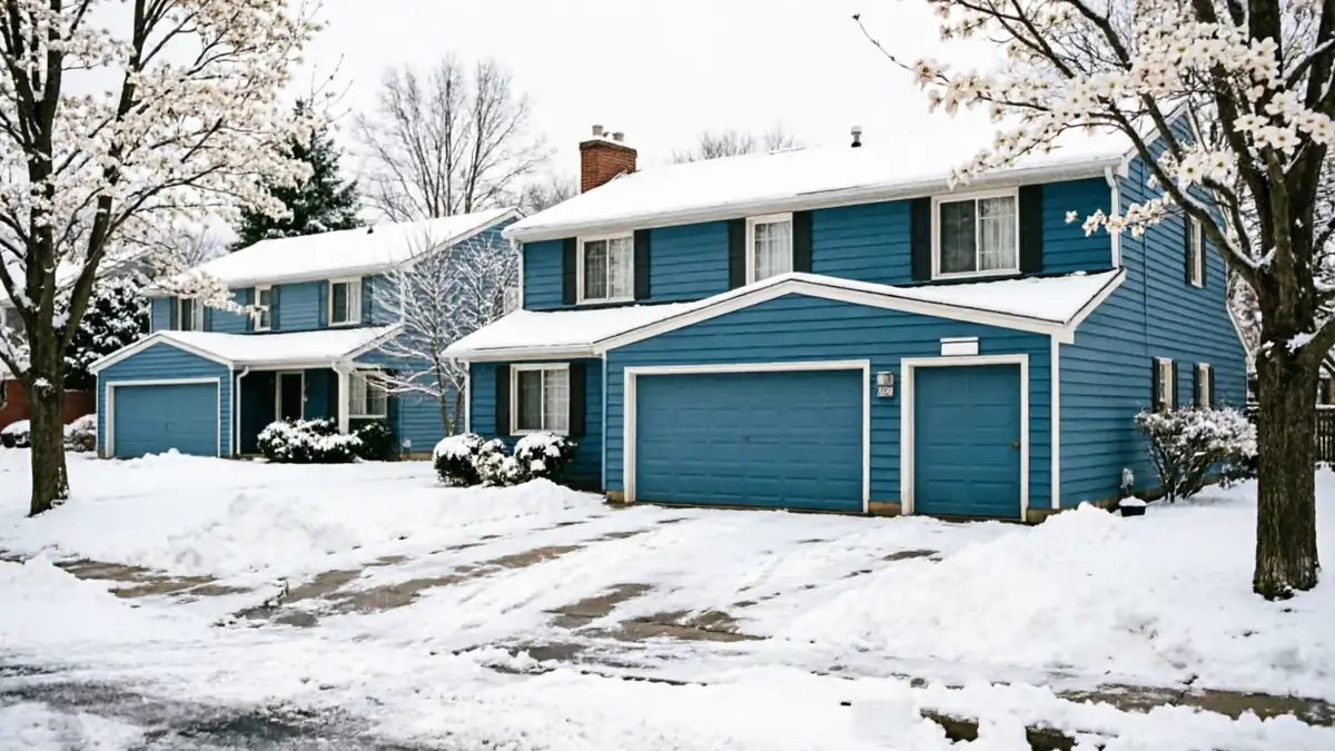 Two blue houses with blue garage doors are covered in snow.