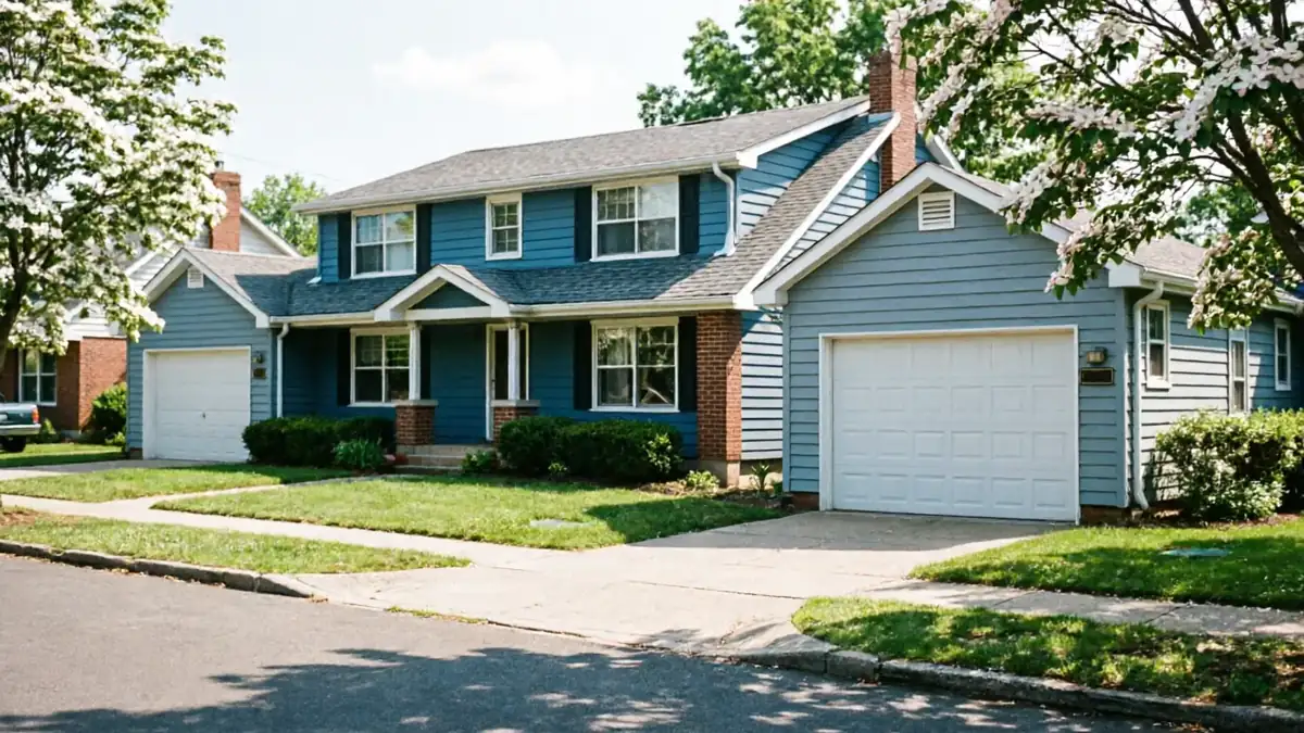 A blue house with two white garage doors and a green lawn.