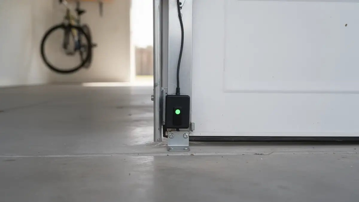 A safety sensor with a green light is mounted on a garage door track.