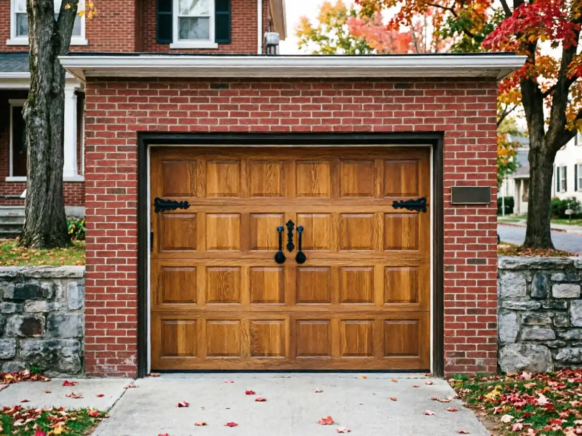 A wooden garage door with decorative black hardware is set in a brick garage.